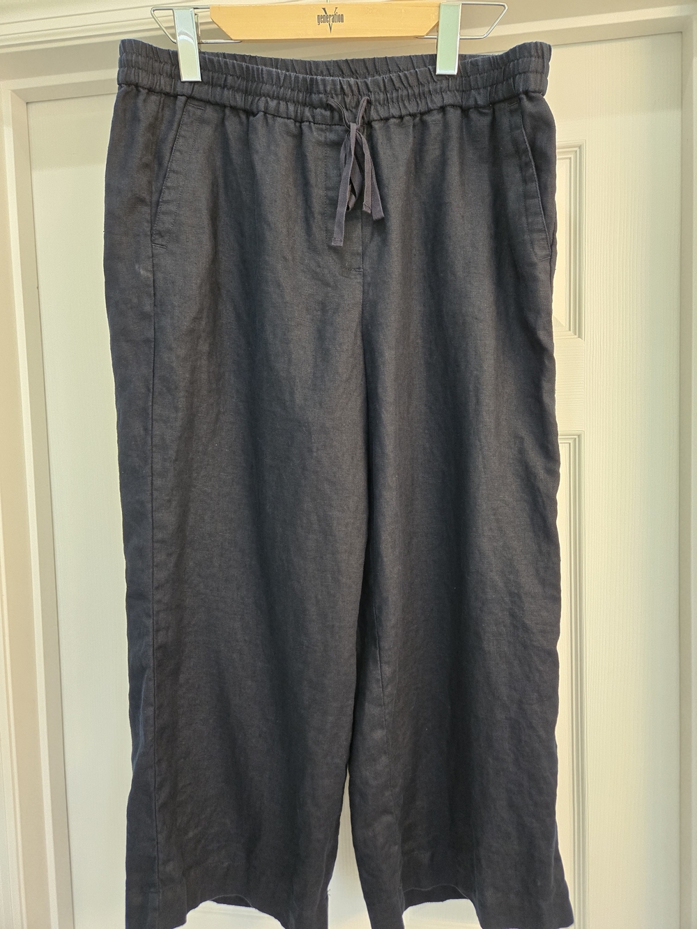 Talbots 100% Linen Navy Ankle  Cropped Drawstring Pants Wide Leg Resort Coastal